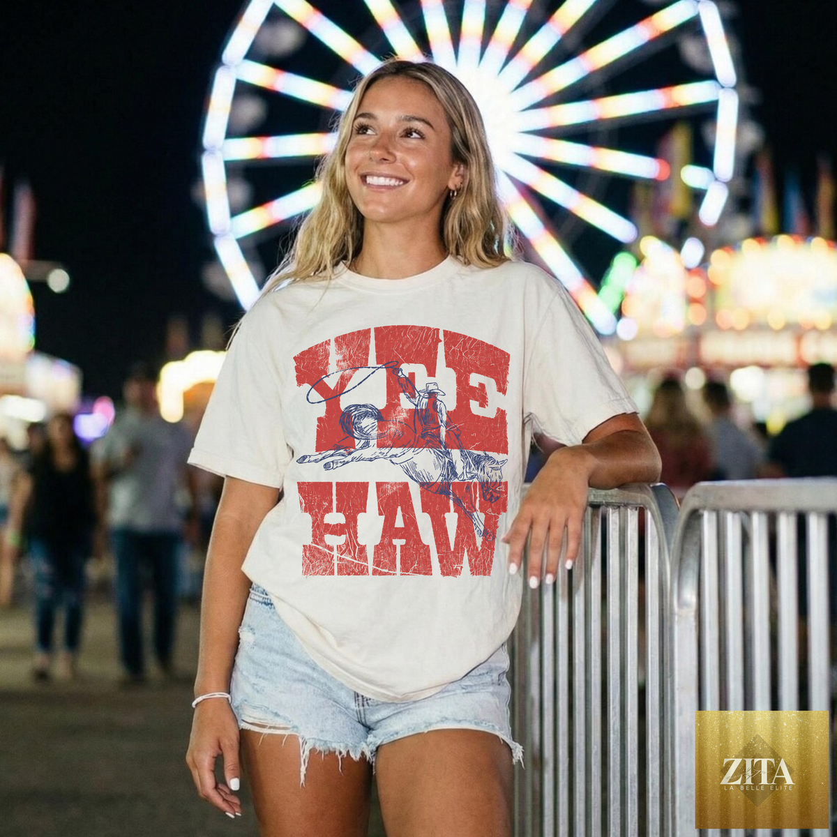 Vintage ivory Yee Haw Western graphic tee by Hey Jude Graphic Tees featuring cowboy and western design.