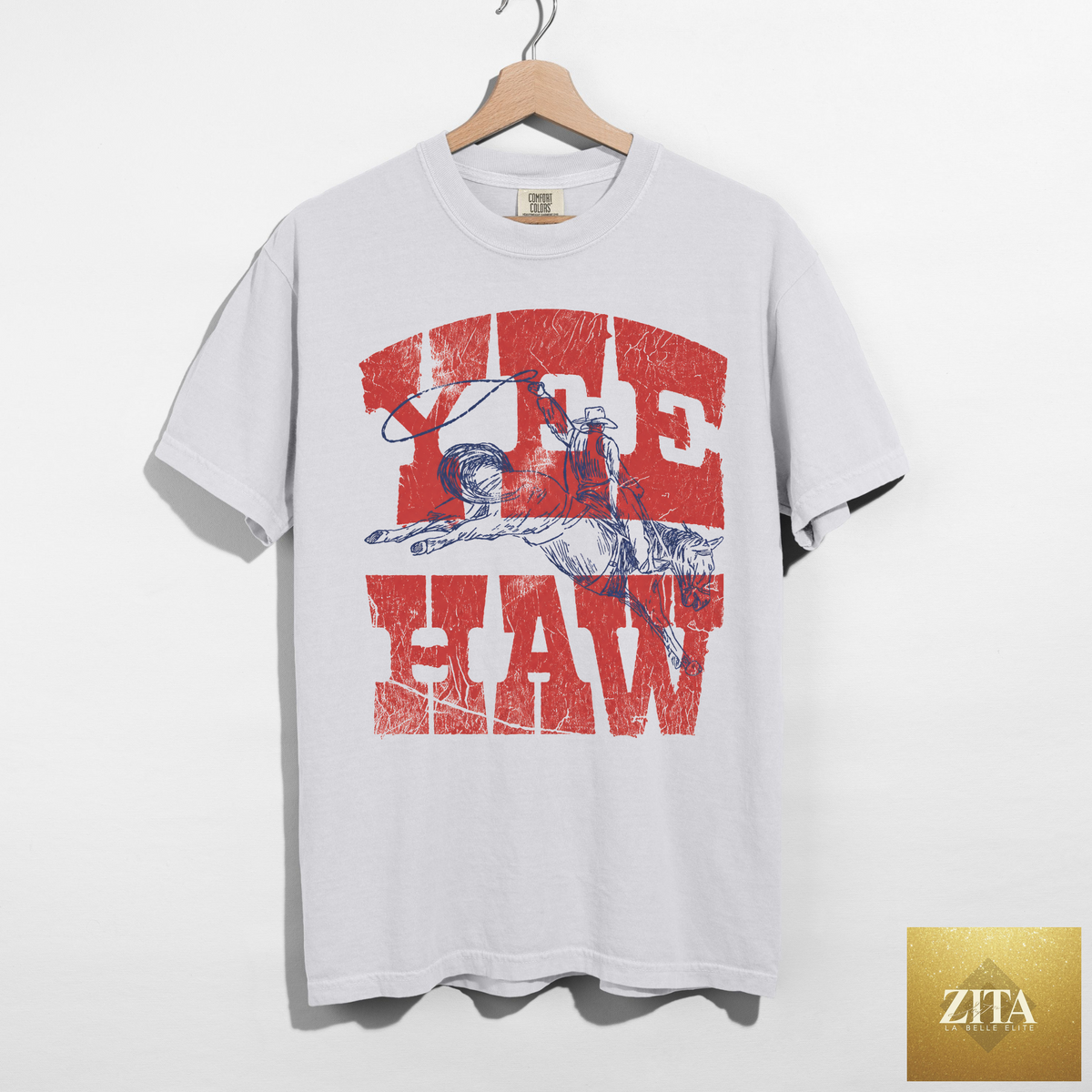 White Yee Haw Western graphic tee featuring vintage cowboy design by Hey Jude Graphic Tees, casual Western-inspired shirt.
