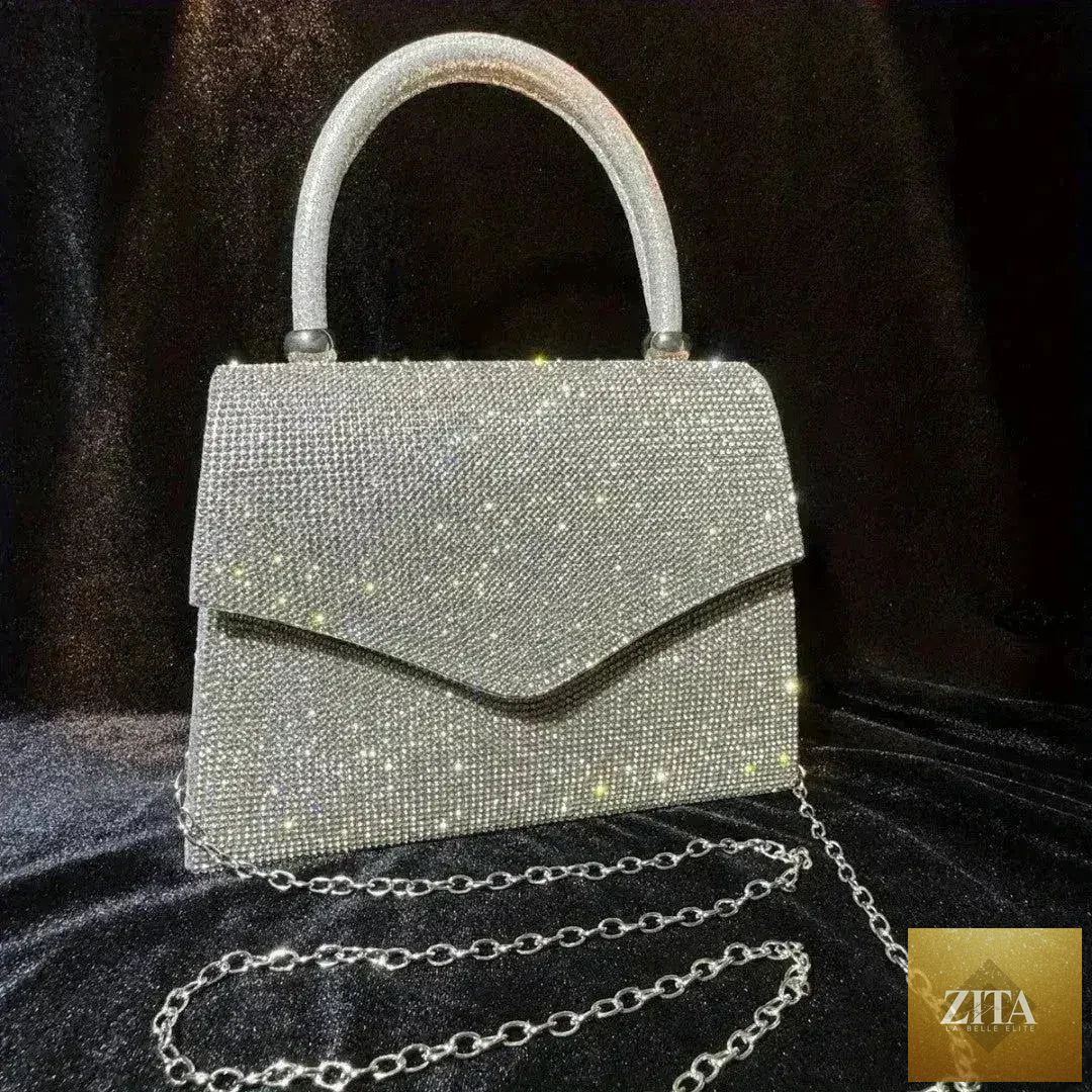 Silver rhinestone evening clutch bag by Femstylo, convertible handbag with elegant rhinestone embellishments for formal occasions.