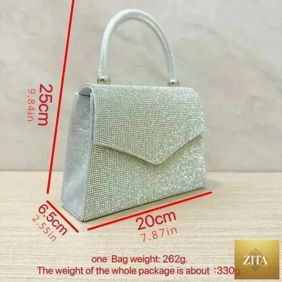 Silver rhinestone evening clutch purse by Femstylo, convertible handbag with sparkling details and elegant design.
