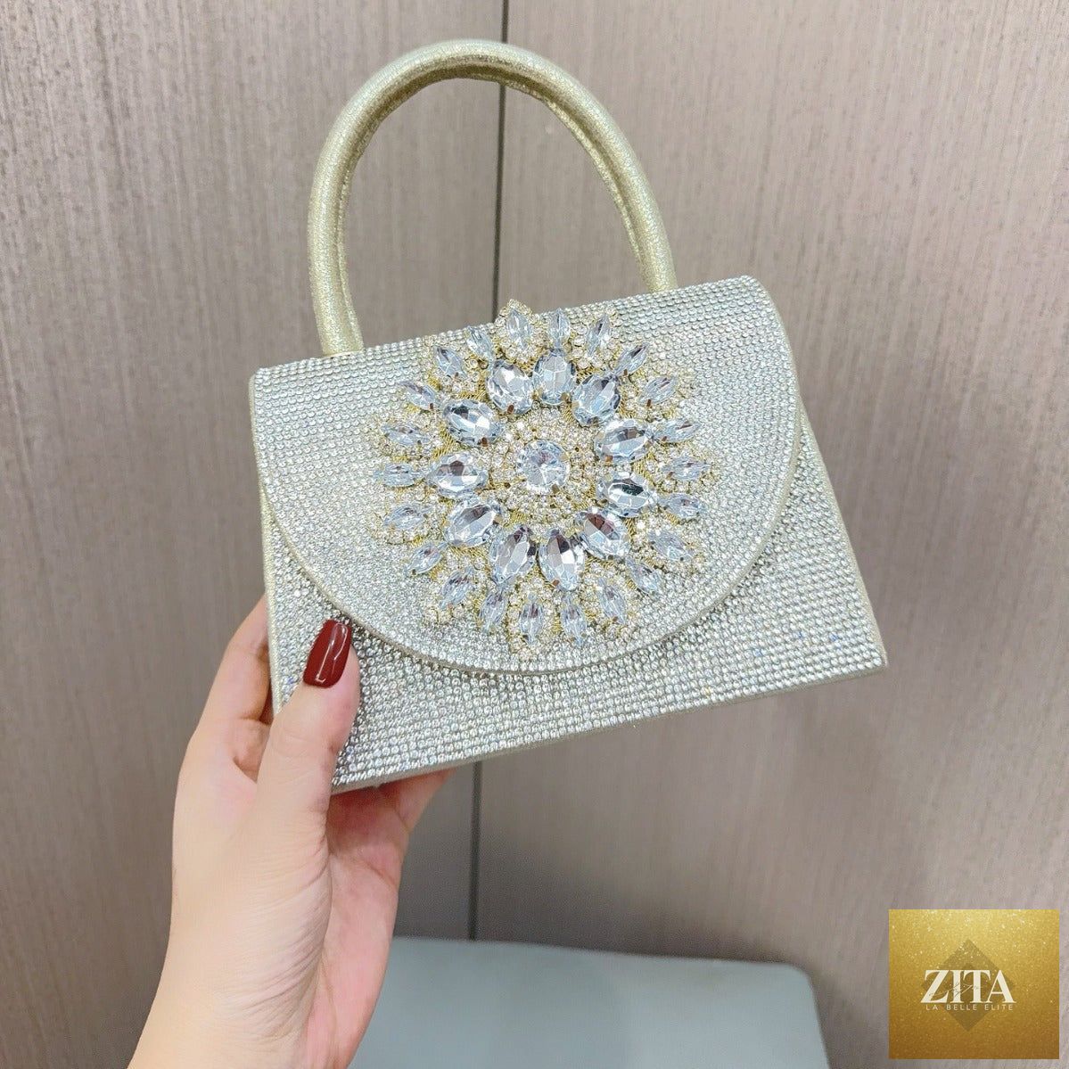Women's sparkly rhinestone glitter clutch purse from SHOMICOBOUTIQUE, evening handbag with shoulder strap, embellished with sparkling rhinestones.