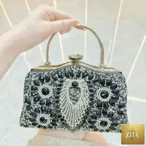 Femstylo diamond inlaid clutch evening bag with convertible design, featuring sparkling embellishments and elegant hand strap.