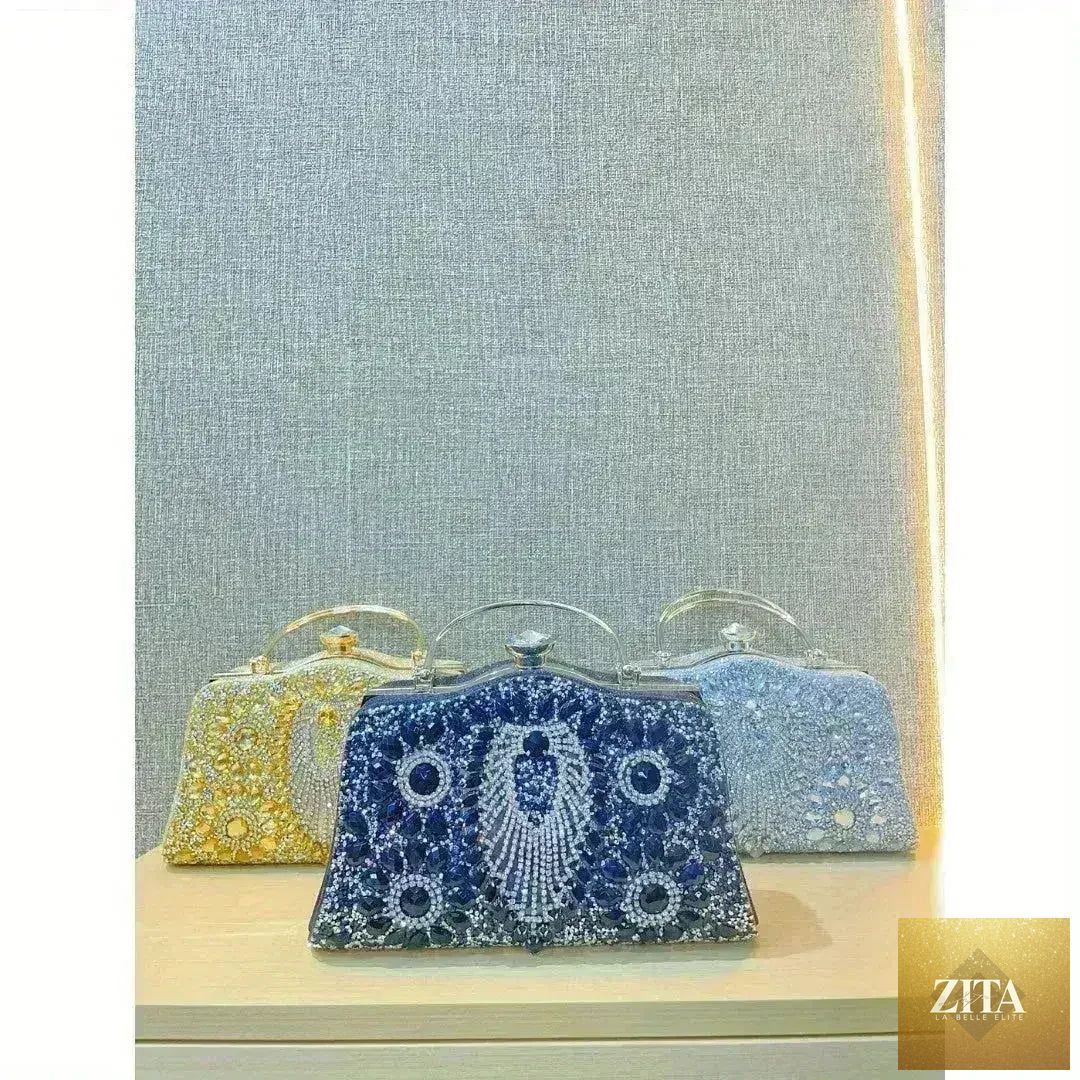 Femstylo diamond inlaid clutch handbag, convertible evening bag with elegant design and sparkling gemstone accents.