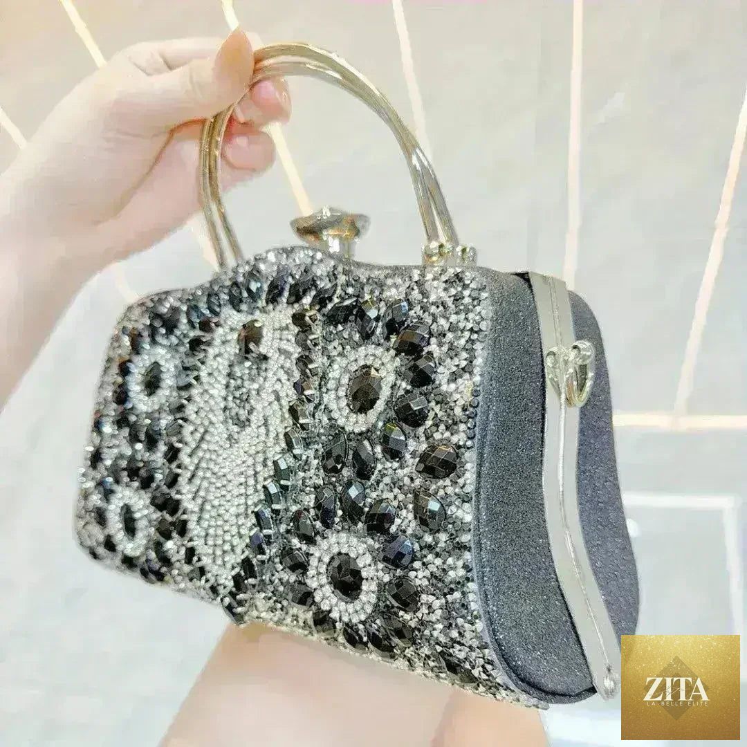 Diamond inlaid Femstylo clutch handbag, convertible evening bag with elegant design and sparkling accents.