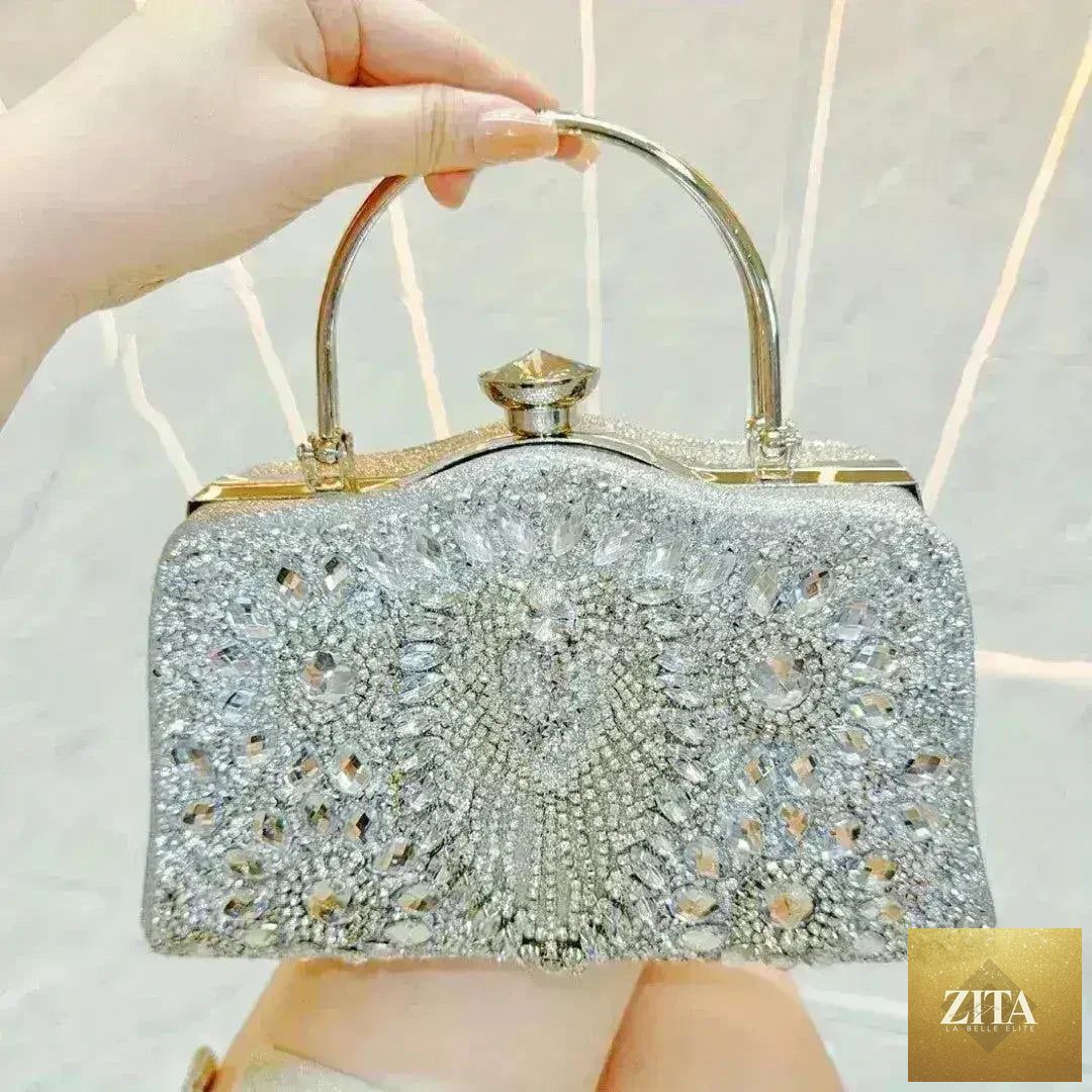 Femstylo diamond inlaid clutch handbag, convertible evening bag with elegant design and sparkling embellishments.