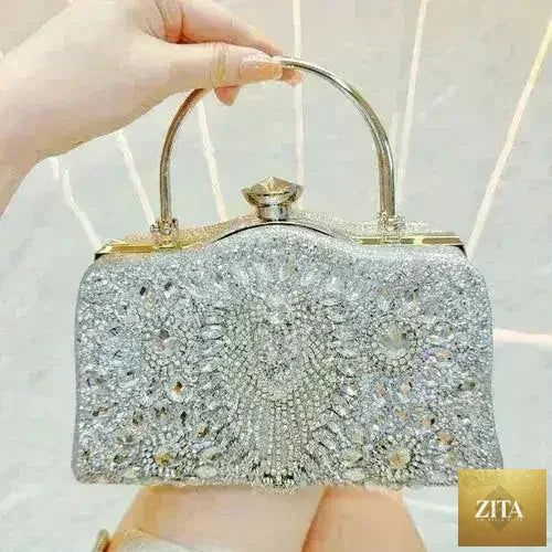 Diamond inlaid Femstylo clutch handbag, convertible evening bag with elegant design and sparkling accents, suitable for formal events.