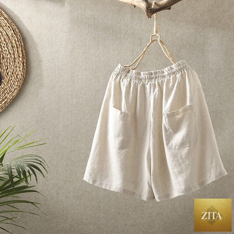 Casual cotton linen shorts for women by SHOMICOBOUTIQUE, loose fit with retro style, shown in natural fabric and relaxed fit.