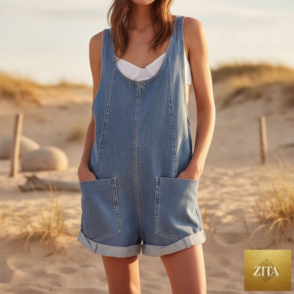 Women's loose denim overall shorts from FitiqueFit, summer streetwear bib shorts with a relaxed fit and casual style.