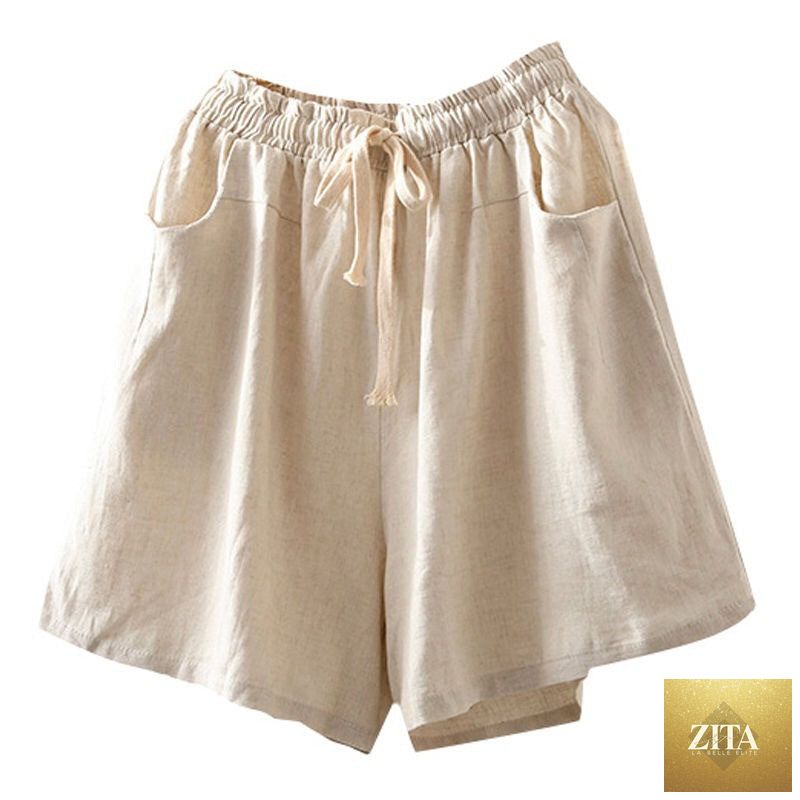 Light beige cotton linen shorts for women by SHOMICOBOUTIQUE, loose fit, retro casual style, perfect for warm weather.