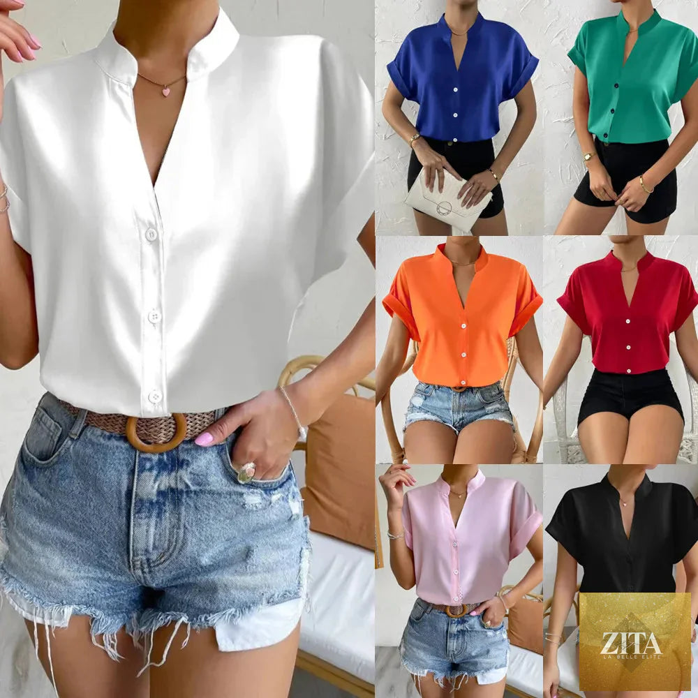 Light orange satin V-neck short sleeve shirt for women by FitiqueFit, elegant casualwear with a smooth, shiny fabric finish.