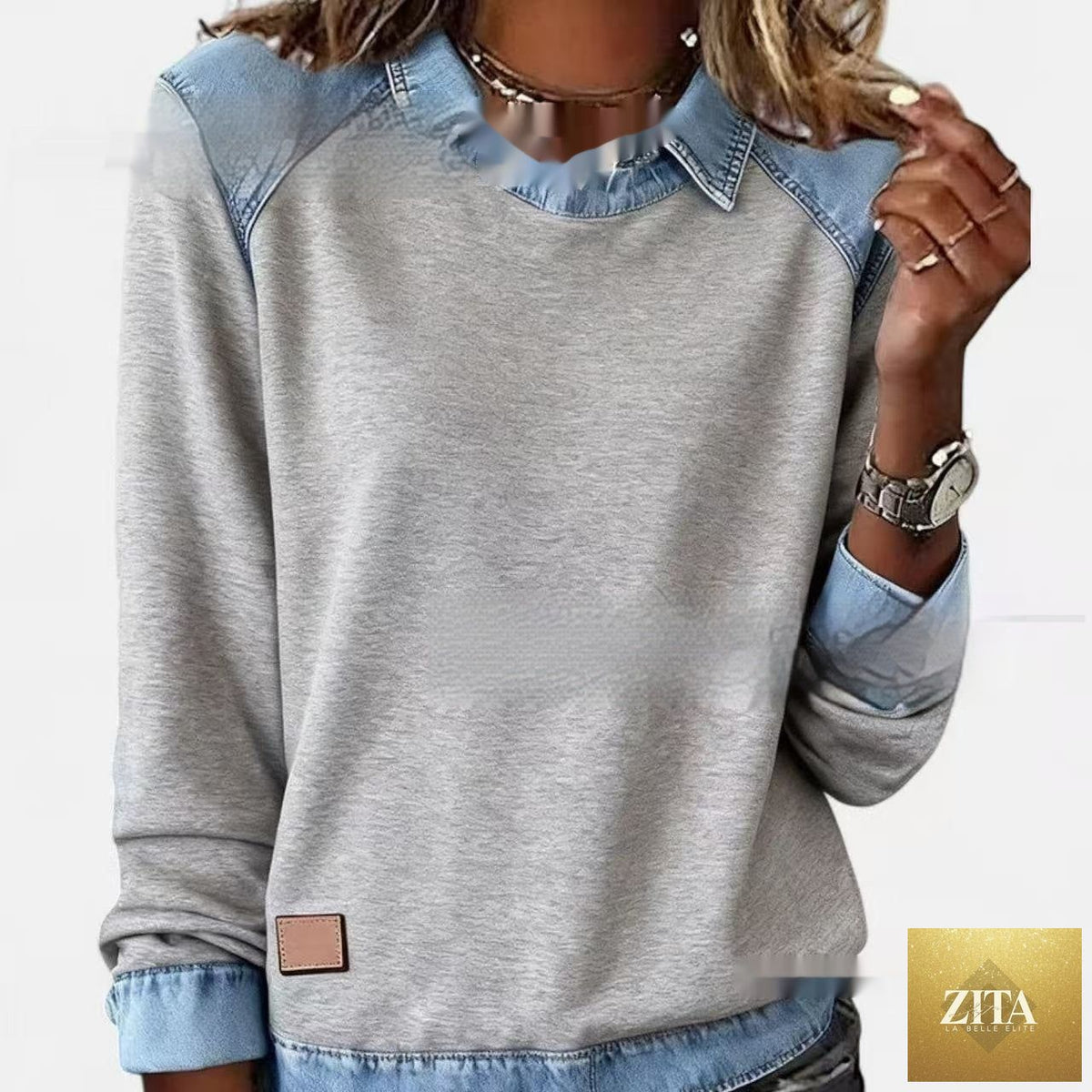 Women’s FitiqueFit denim collar patchwork pullover knitwear top with casual street style, featuring denim accents and cozy knit fabric.