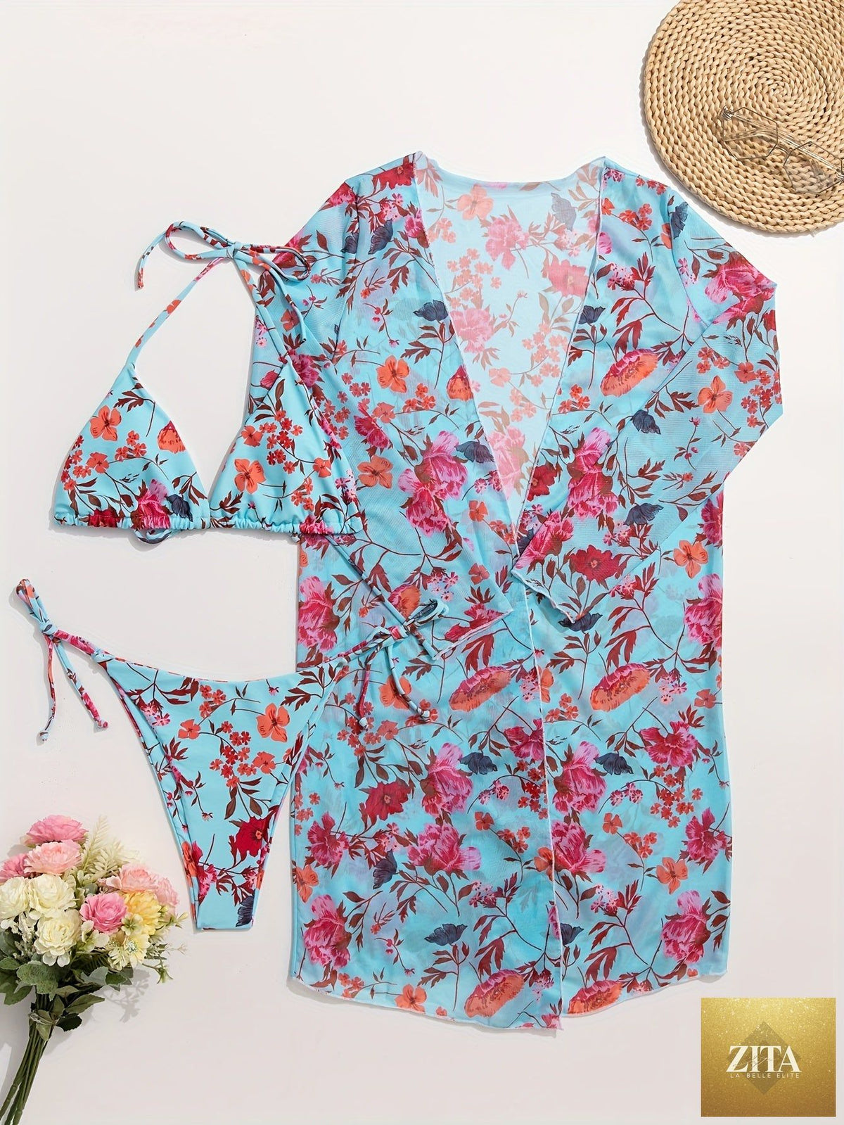 Stevvex European style floral print 3-piece bikini set with V-neck, cross straps, and matching long sleeve cover-up for summer beachwear.