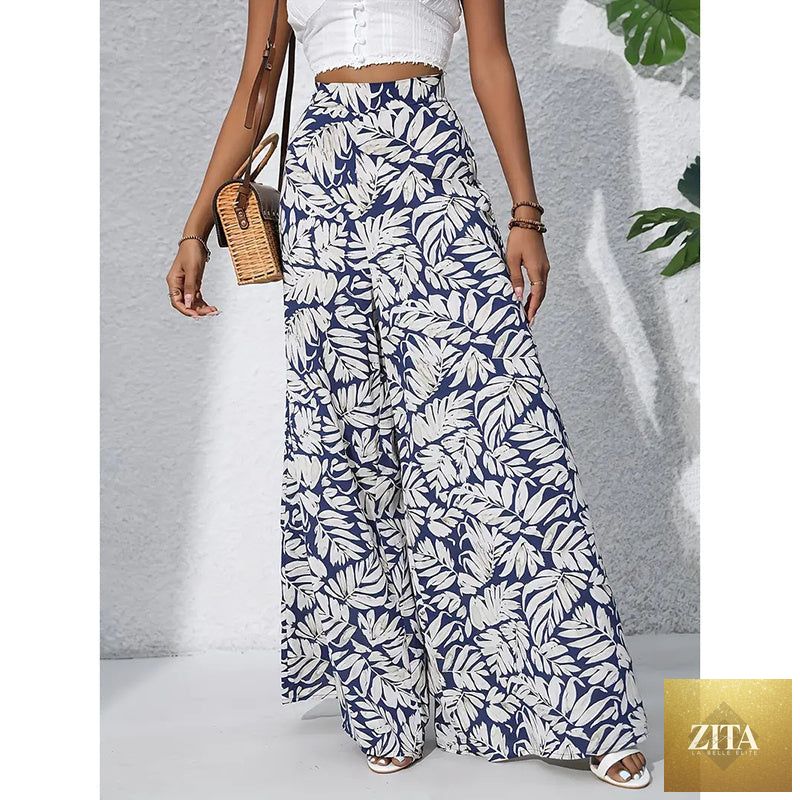 Women’s printed high-waist wide-leg palazzo pants from FitiqueFit, showcasing a colorful casualwear design with flowy fabric.