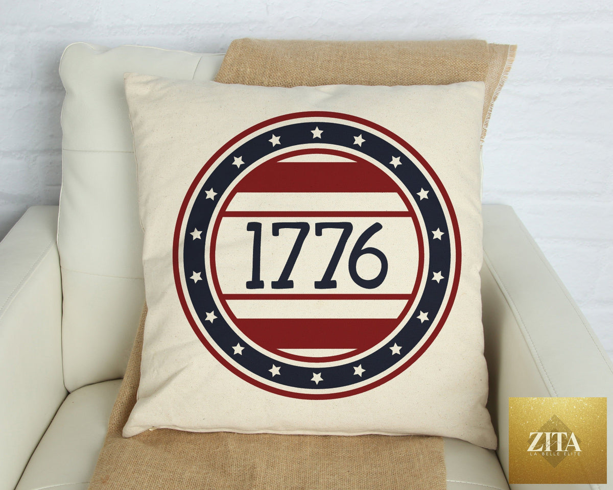 1776 Independence Day pillow cover featuring patriotic design, 18x18 inches, by Cotton and Crate, perfect for Fourth of July decor