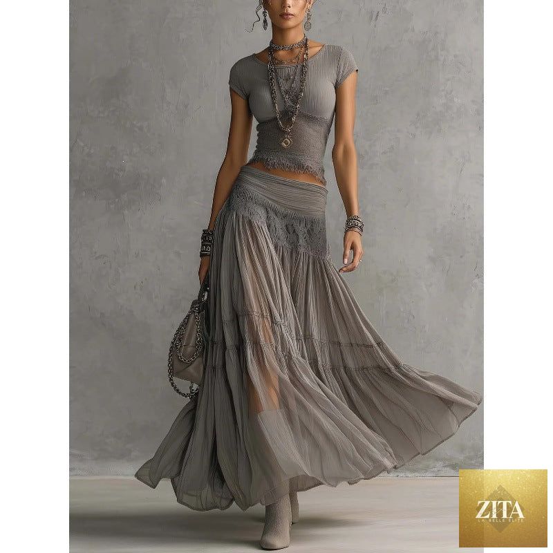 Women's Ribbed Knit Fringe-Hem Crop Top & Tiered Crinkle Chiffon Maxi Skirt Boho-Luxe Set