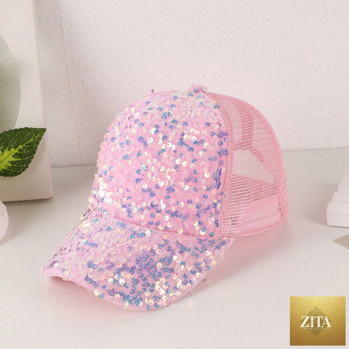 Sequin-embroidered mesh baseball cap with sunshade by Zita La Belle Elite, breathable trendy hat for stylish sun protection.