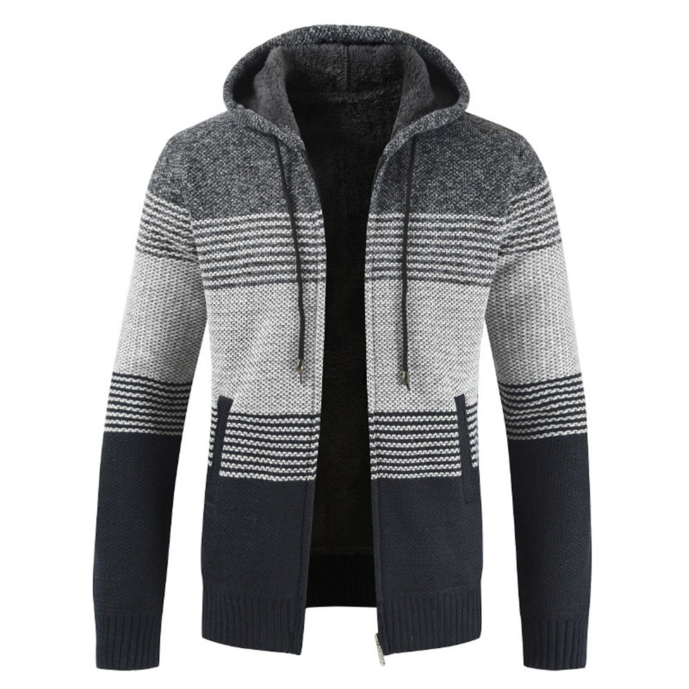 Men's autumn winter hooded sweater cardigan by FLIPSTYLEZLLC, shown in a cozy, knitted coat style with a hood and front buttons.