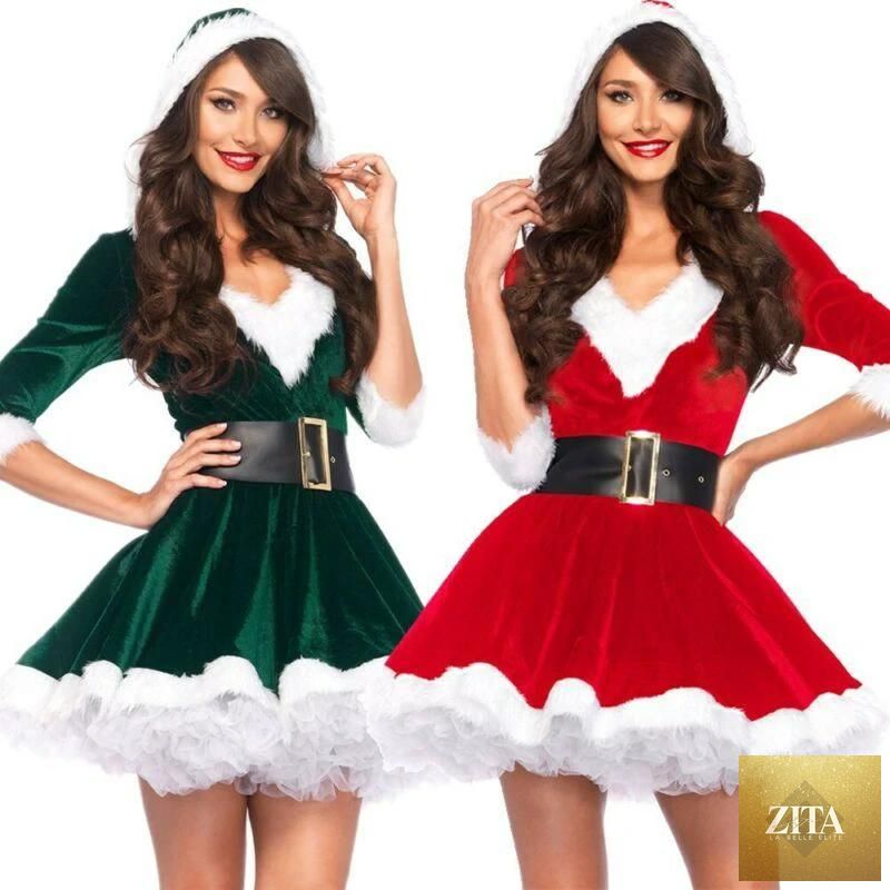 Sexy women’s Christmas dress by MANDOTOS featuring a Santa Claus hoodie, perfect for holiday parties and winter wear.