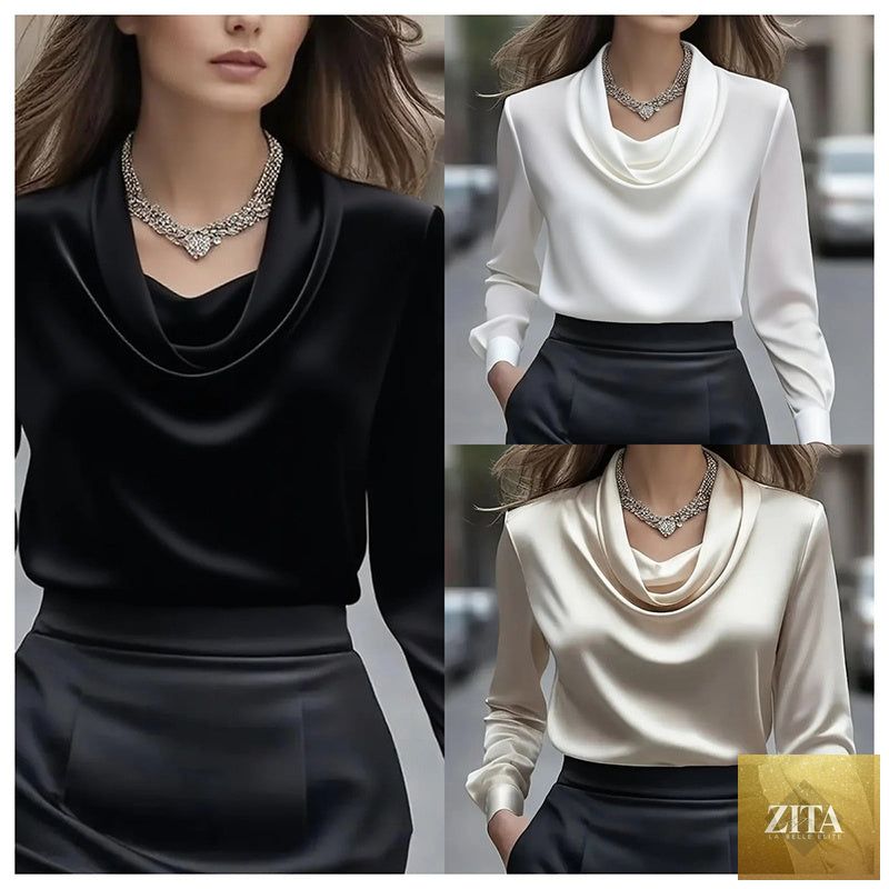 Elegant satin blouse by FitiqueFit, women's long sleeve casual shirt with a smooth, shiny fabric and versatile design.