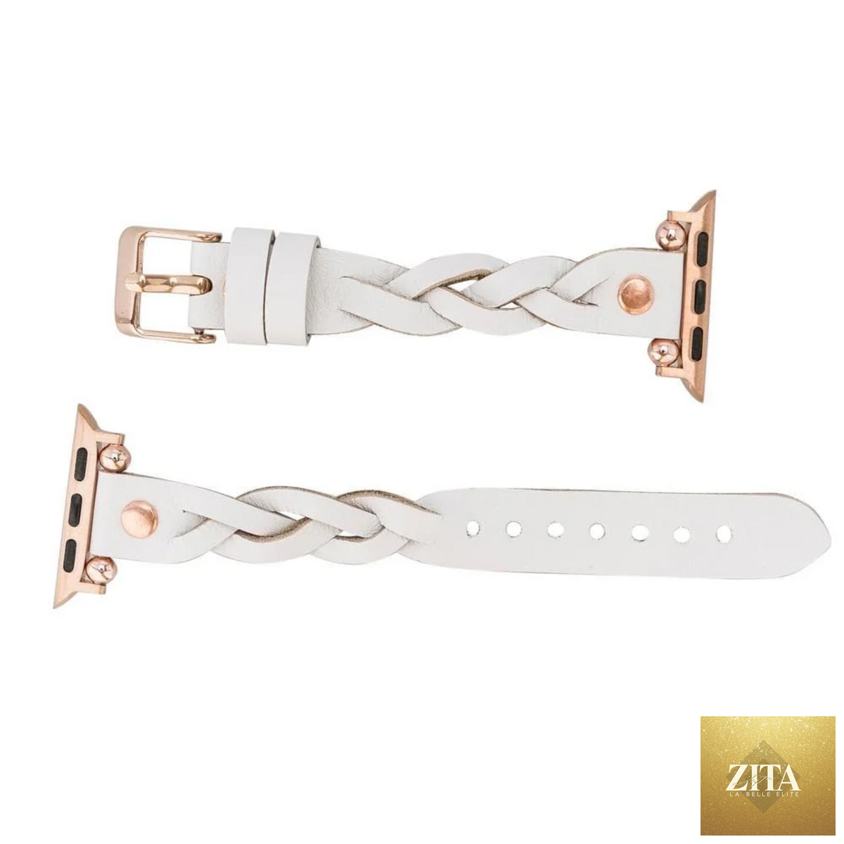 Leather Apple Watch band by LEATHERE, braided white leather strap for Apple Watch, stylish and comfortable accessory.