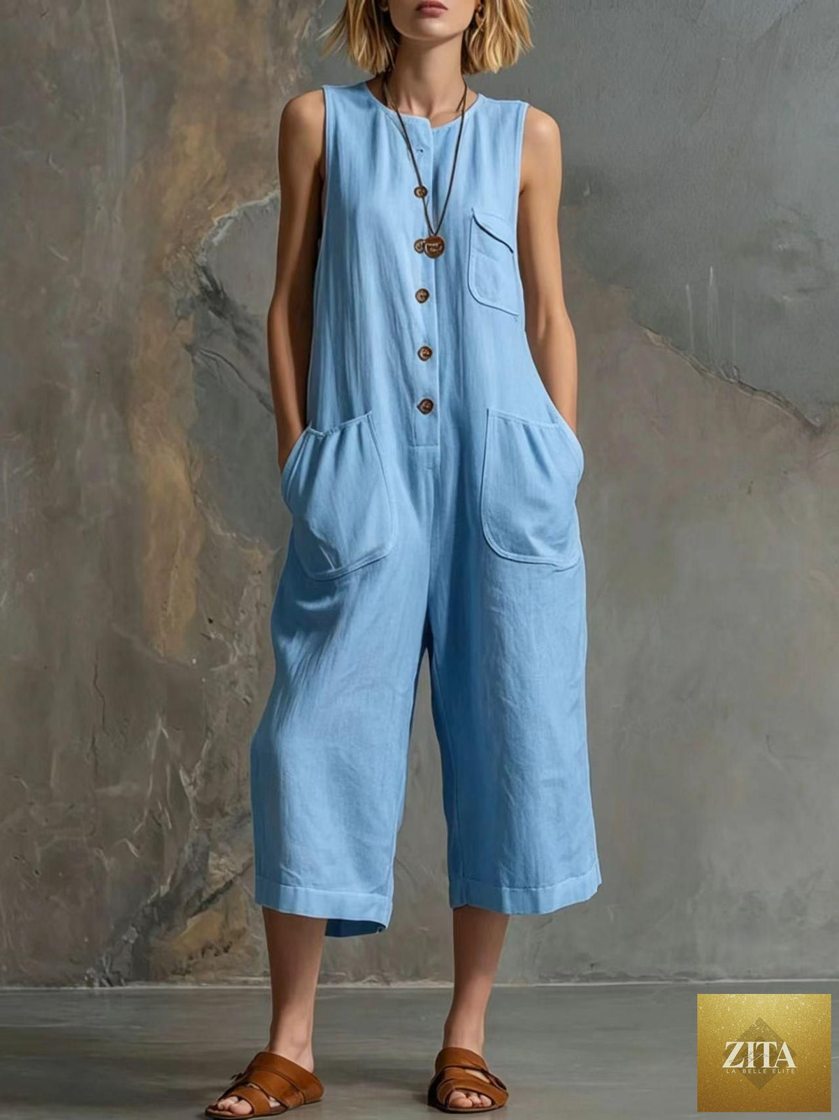 Women's retro sleeveless wide-leg cropped jumpsuit by Zita La Belle Elite, casualwear featuring a stylish, relaxed fit.