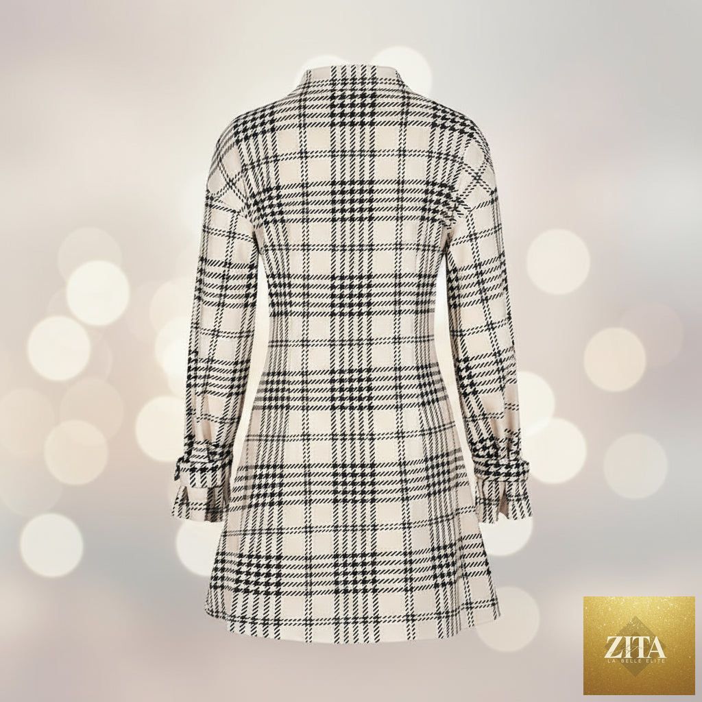 FitiqueFit plaid shirt dress with ruched waist, long sleeves, A-line mini style, perfect casualwear for stylish comfort.