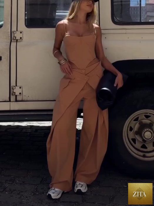 Zita La Belle Elite camel spaghetti strap corset top and wide-leg pants set, casualwear, XS to 2XL, styled for a chic look.