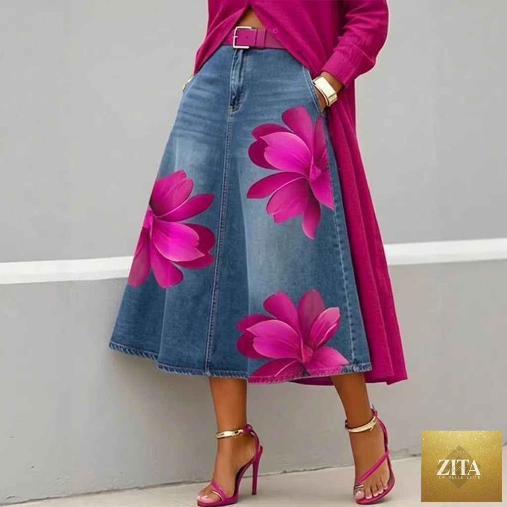 Women's floral print A-line midi skirt by FitiqueFit featuring denim-style boho design and flowy silhouette.