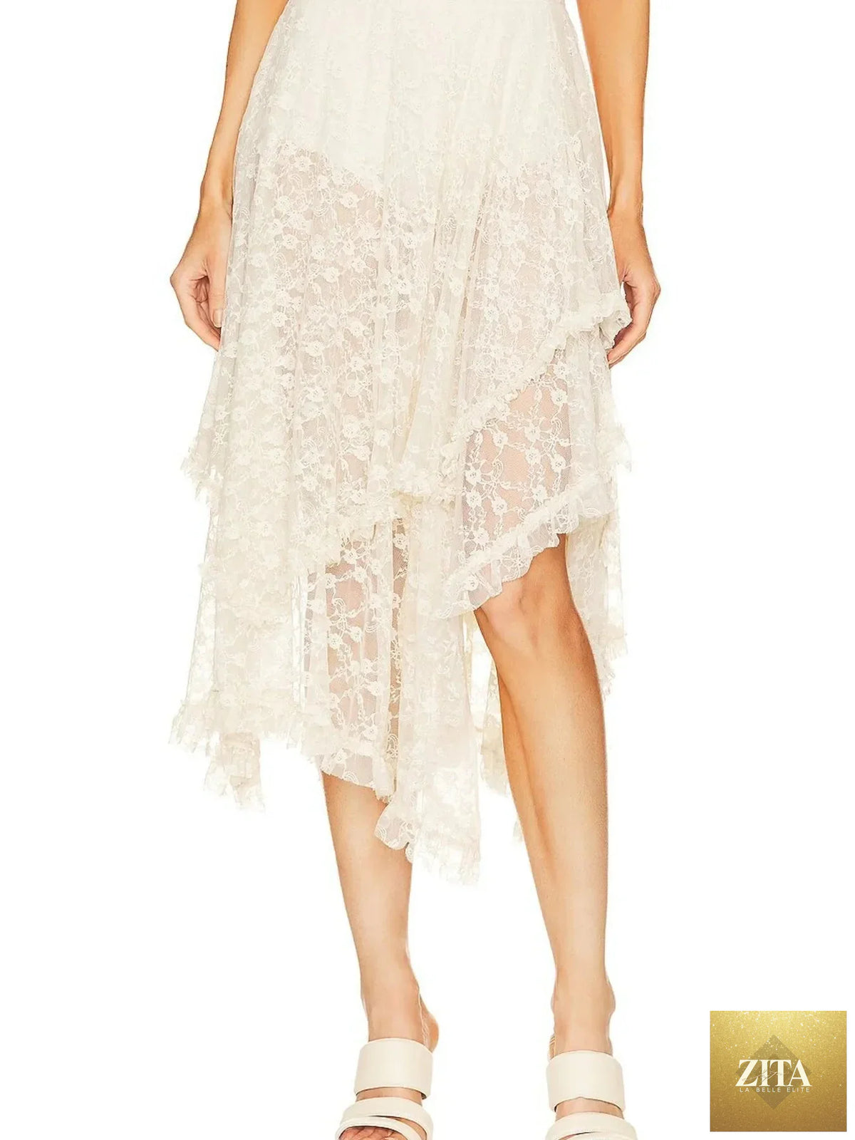 Zita La Belle Elite asymmetrical lace midi skirt featuring delicate lace fabric and uneven hem, stylish and elegant for fashionable wear.