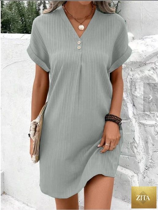 FitiqueFit button-front V-neck dress with short sleeves, solid casual shirt dress style, made for a relaxed, stylish look.