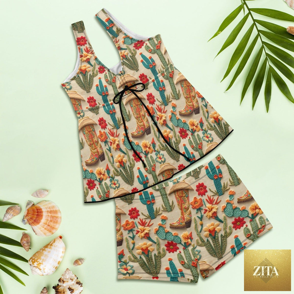 Cactus and boots print tankini boy shorts swim set by Baha Ranch Western Wear, featuring a Western-themed cactus and boot design.