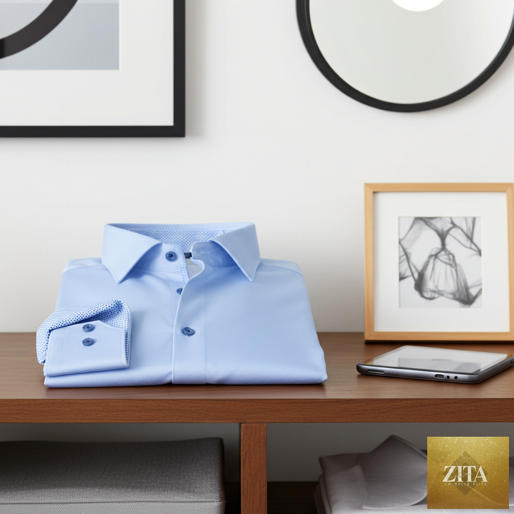 Blue LEVINAS® Cotton Knit-Stretch Button-Up Shirt with contrast details, tailored fit, and classic collar.