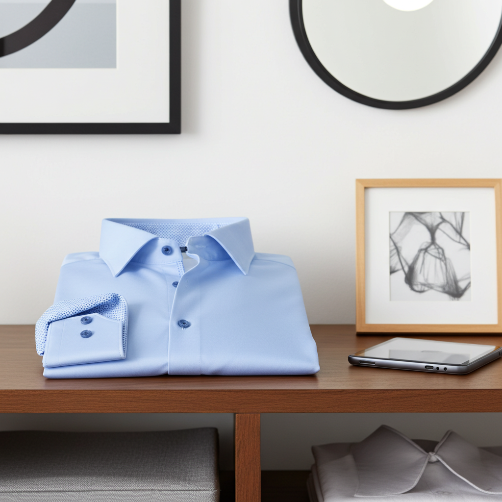 Blue LEVINAS® Cotton Knit-Stretch Button-Up Shirt with contrast details, tailored fit, and classic collar.