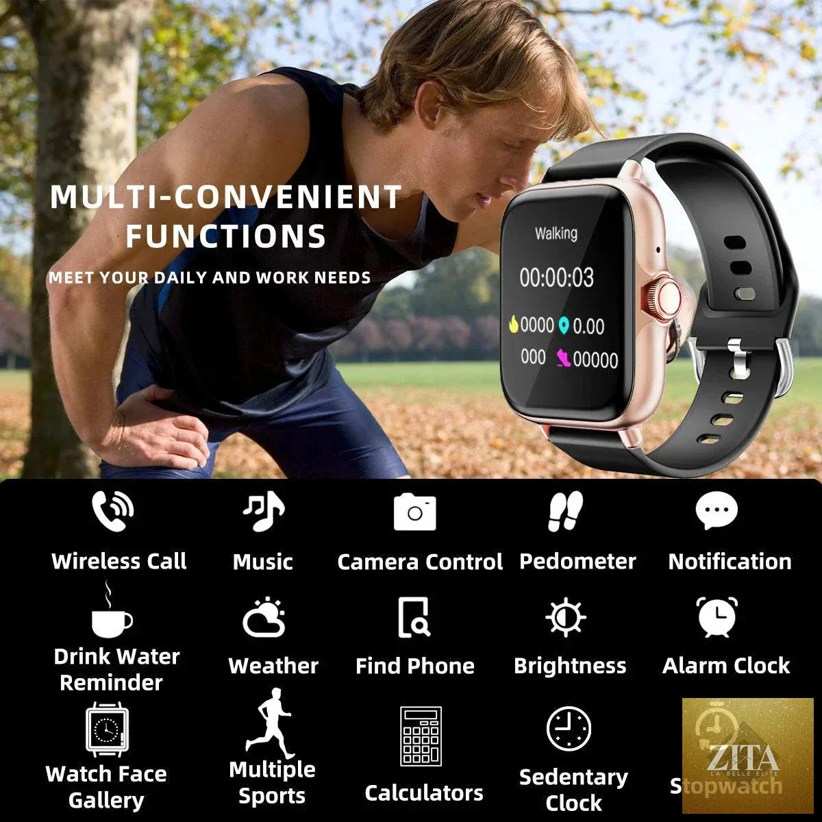Mandotos waterproof smart watch with call, message alerts, sleep tracking, and pedometer for iPhone and Android devices.