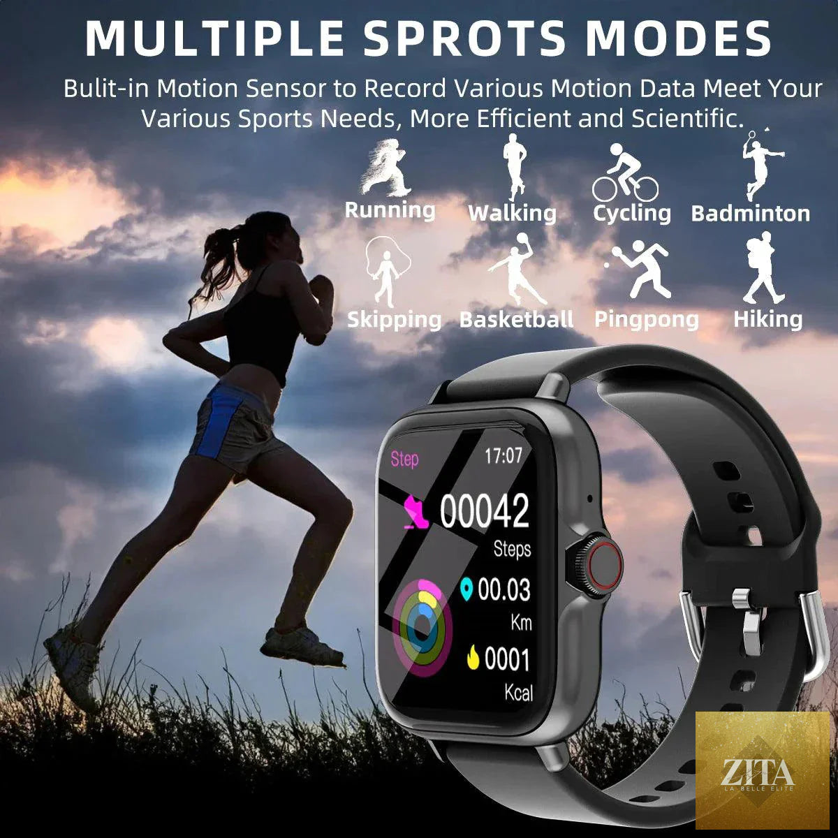 Mandotos waterproof smart watch with call and message alerts, sleep monitoring, and pedometer for iPhone and Android.