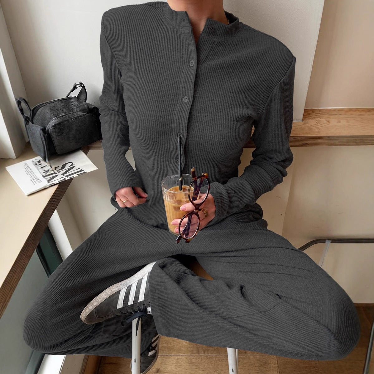 Women's ribbed knit cardigan and button-front trousers set by FitiqueFit, casualwear with half-high-neck and cozy fabric.