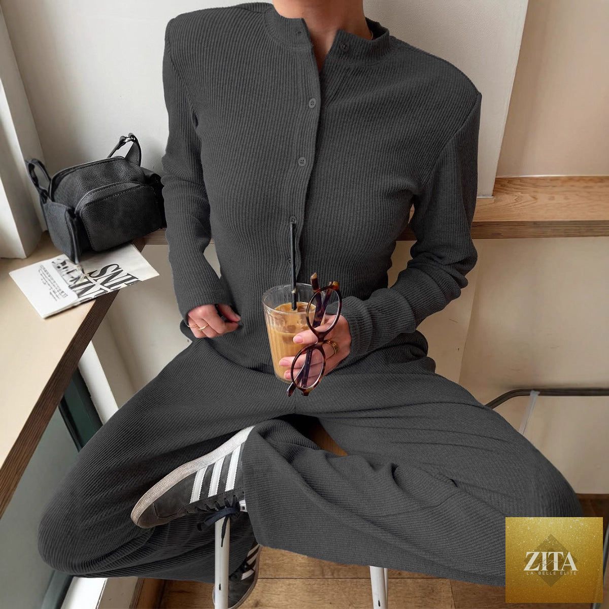 Women's ribbed knit cardigan and button-front trousers set by Zita La Belle Elite, casualwear ensemble with a half-high-neck design.
