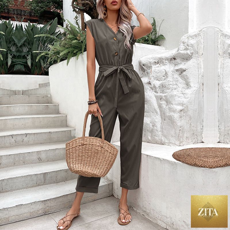 Women's high-waist cropped strap jumpsuit by Zita La Belle Elite in multiple colors, featuring casualwear style and adjustable straps.