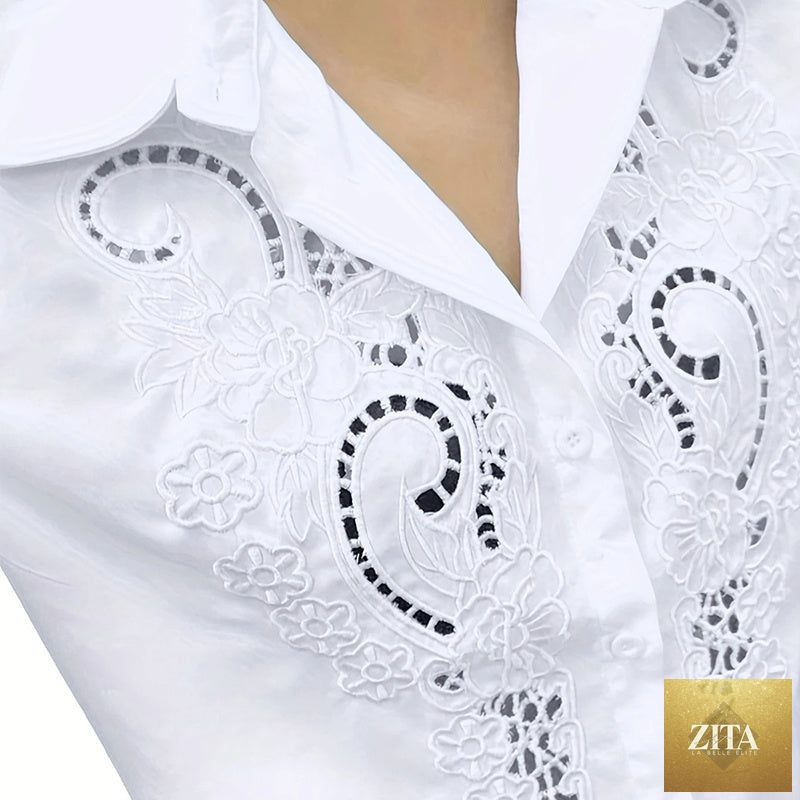 Women’s contrast lace long-sleeve button-down blouse from FitiqueFit, shown in a casualwear style with lace accents and classic collar.