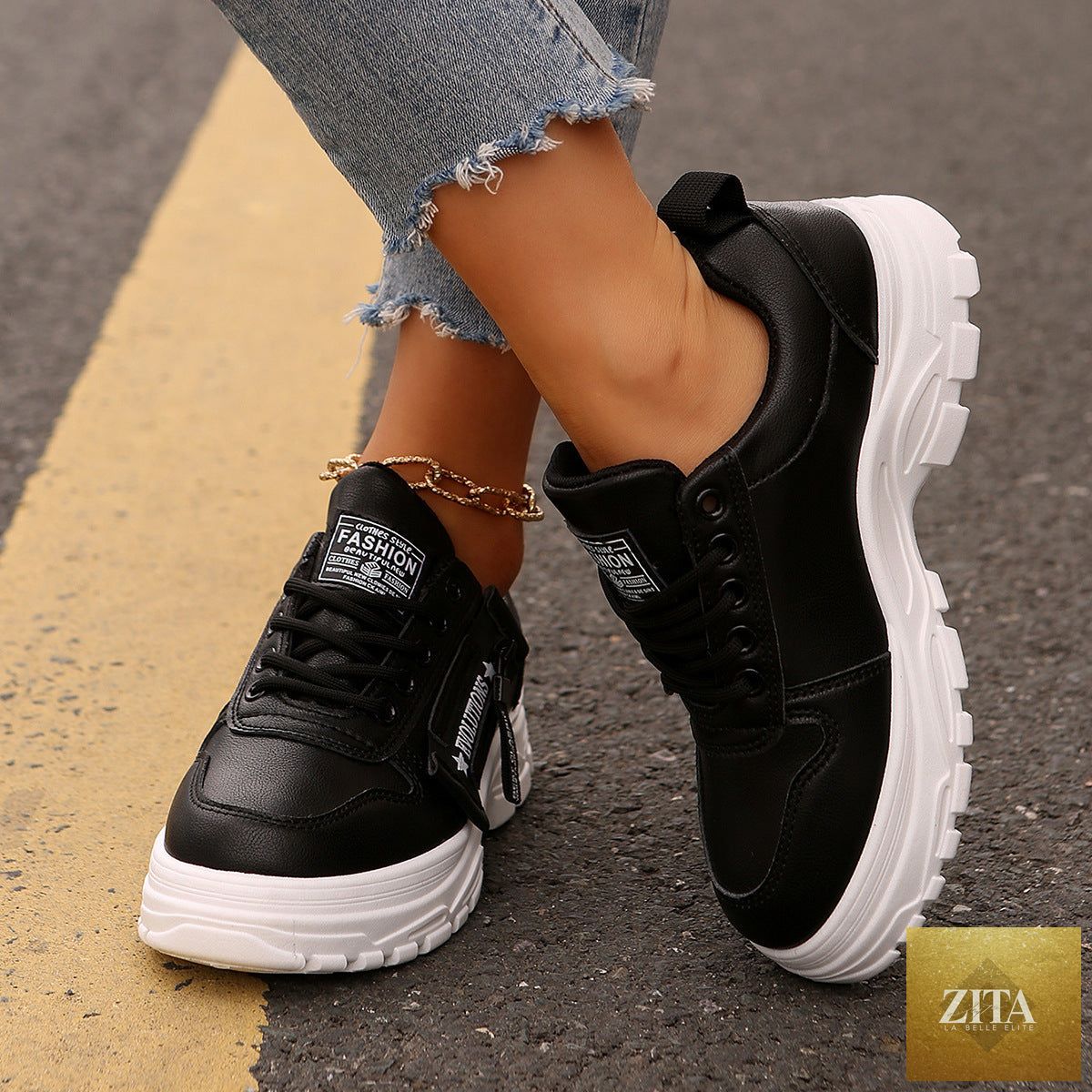 Women’s lace-up side-zip sports sneakers by Zita La Belle Elite, showcasing sleek design and athletic footwear style.