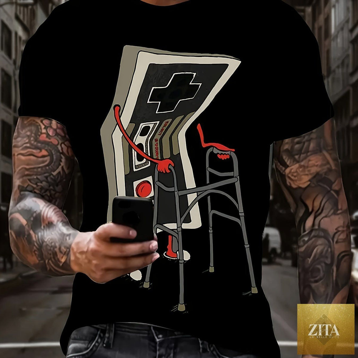 Plus size streetwear men's T-shirt featuring a game controller graphic, by Zita La Belle Elite, casual and stylish design.