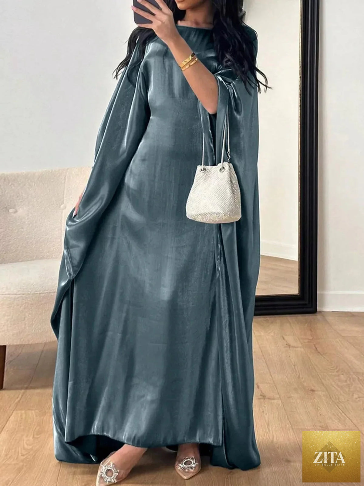 Elegant round neck kimono sleeve maxi dress by Shopiebay, flowing fabric with a relaxed fit and stylish design.