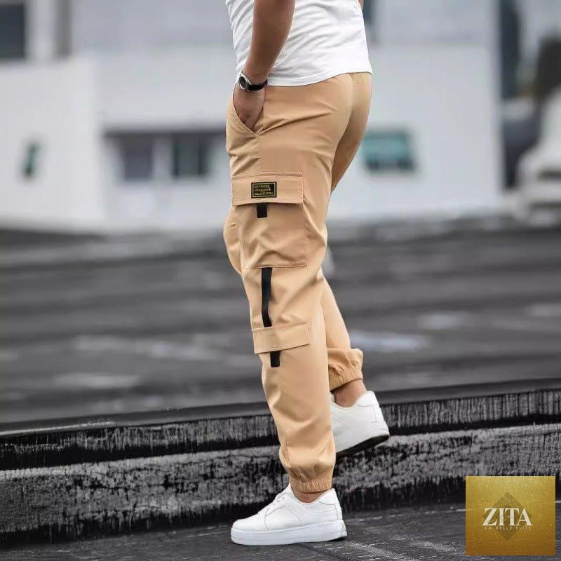 Mandotos men's retro jogger casual work pants, navy blue with elastic waistband and pockets, relaxed fit for everyday wear.