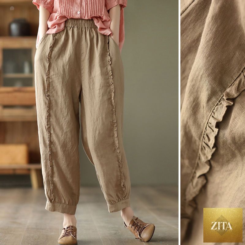 Women’s high-waist solid-color capri harem pants by Zita La Belle Elite, casualwear style with relaxed fit and wide-leg design.