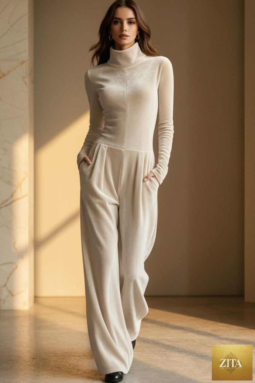 Women's Velvet Mock Turtleneck Chevron-Seam Fitted Bodice Balloon-Leg Jumpsuit