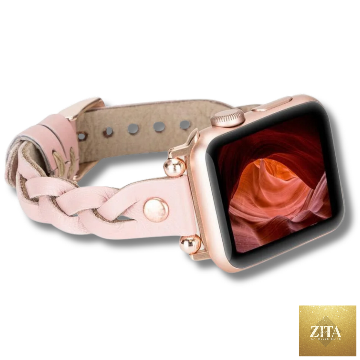 Leather Apple Watch band by LEATHERE with pink braided leather strap, designed for a stylish and comfortable fit.