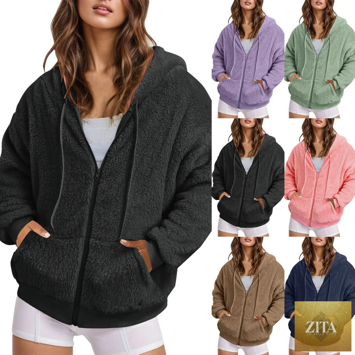 Oversized Fit FitiqueFit long zip-up hoodie in soft cotton velvet fabric, featuring a full front zipper and relaxed style.