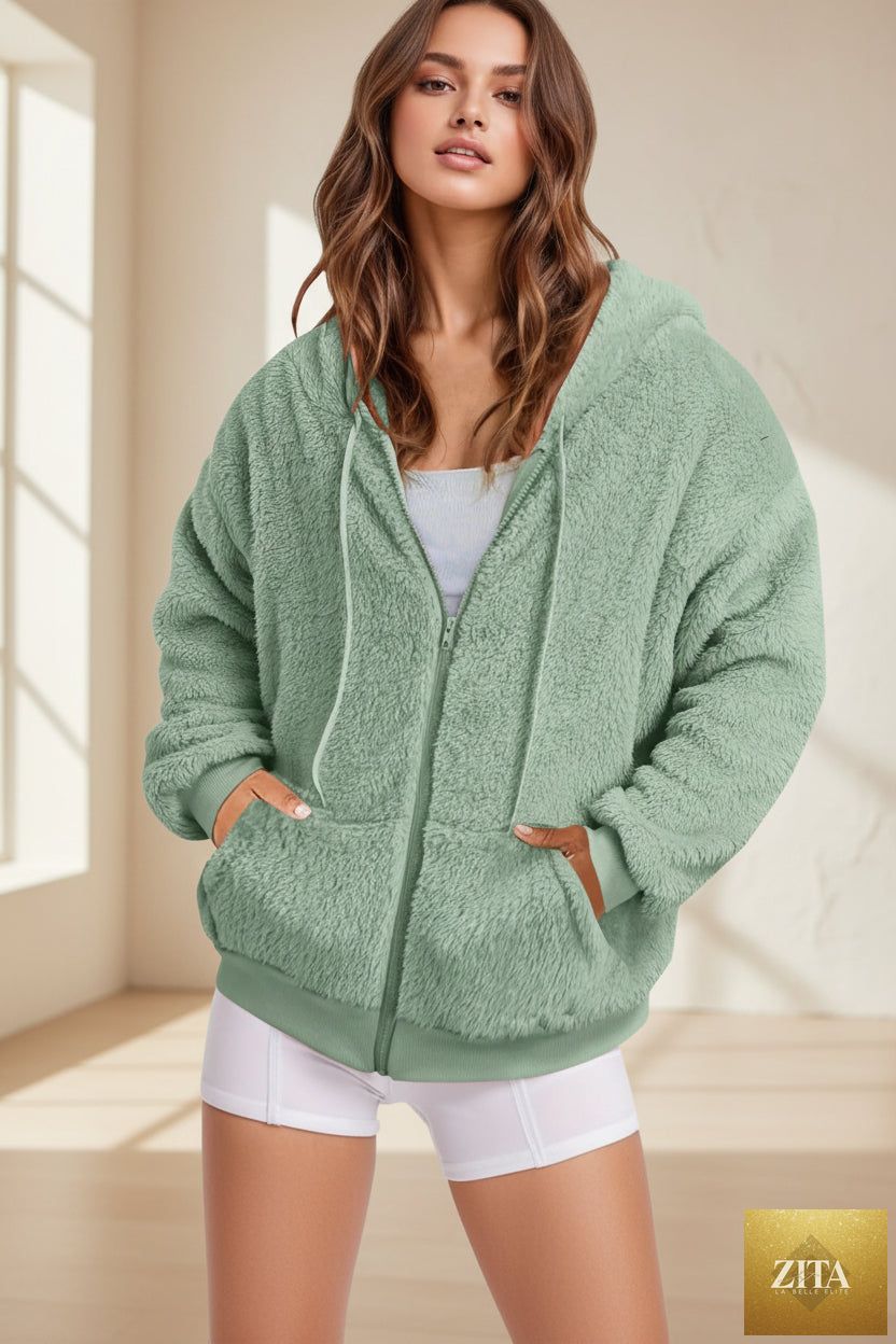 Oversized Fit hoodie by FitiqueFit made of soft cotton velvet, featuring a long zip-up design and comfortable casual style.