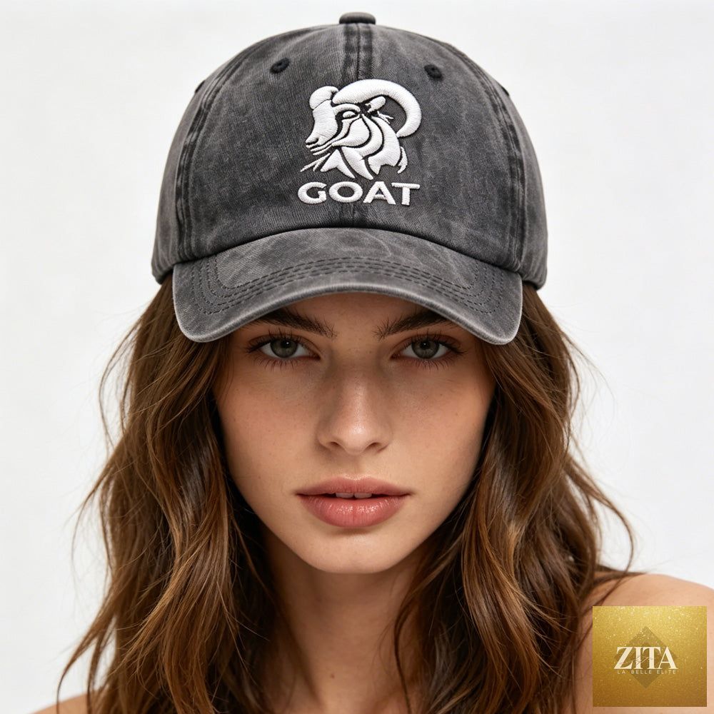 Zita La Belle Elite GOAT Ram embroidered vintage washed baseball cap with adjustable low profile unstructured design.
