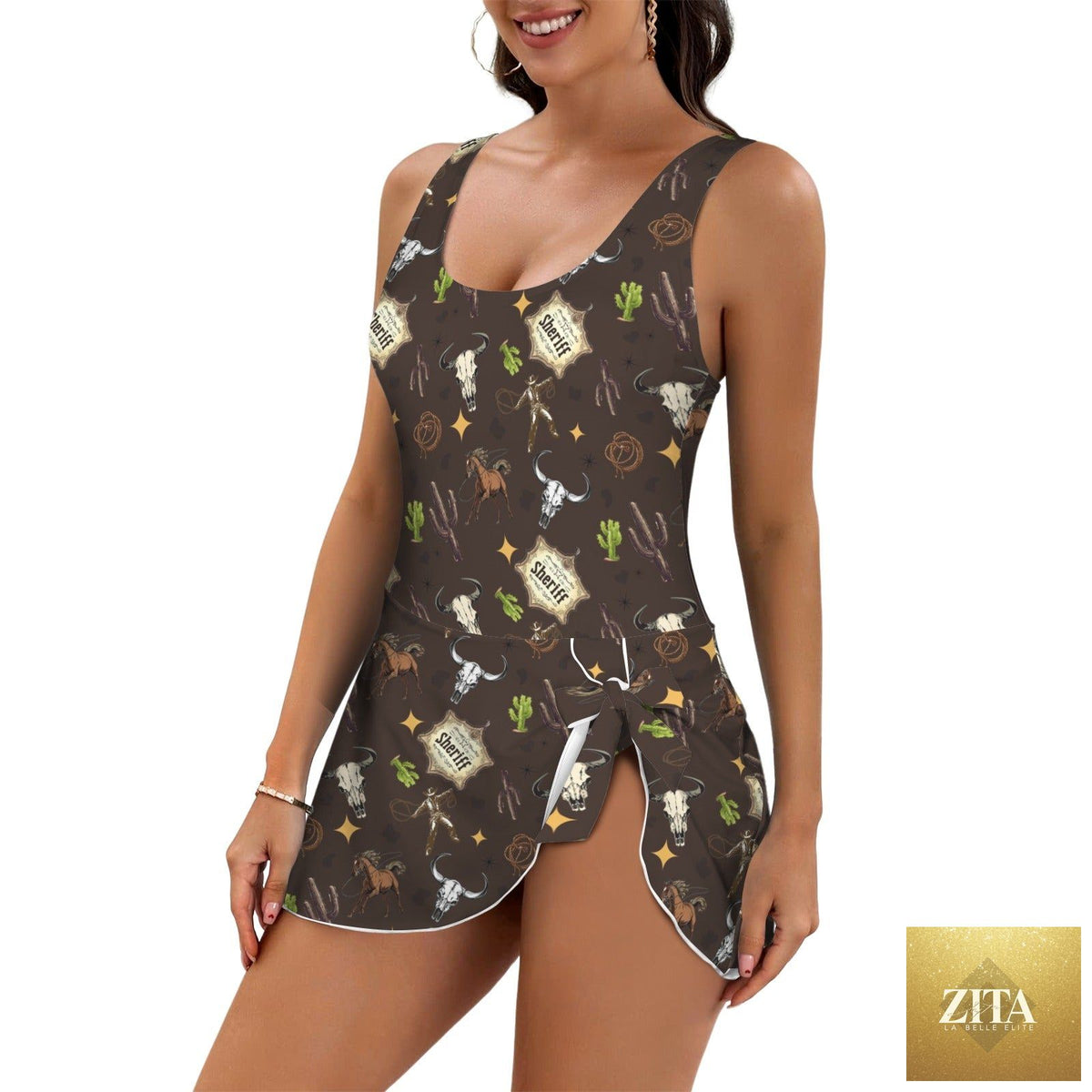 Western-style skirted one-piece swimsuit by Baha Ranch Western Wear, featuring a fitted design and western-inspired details.